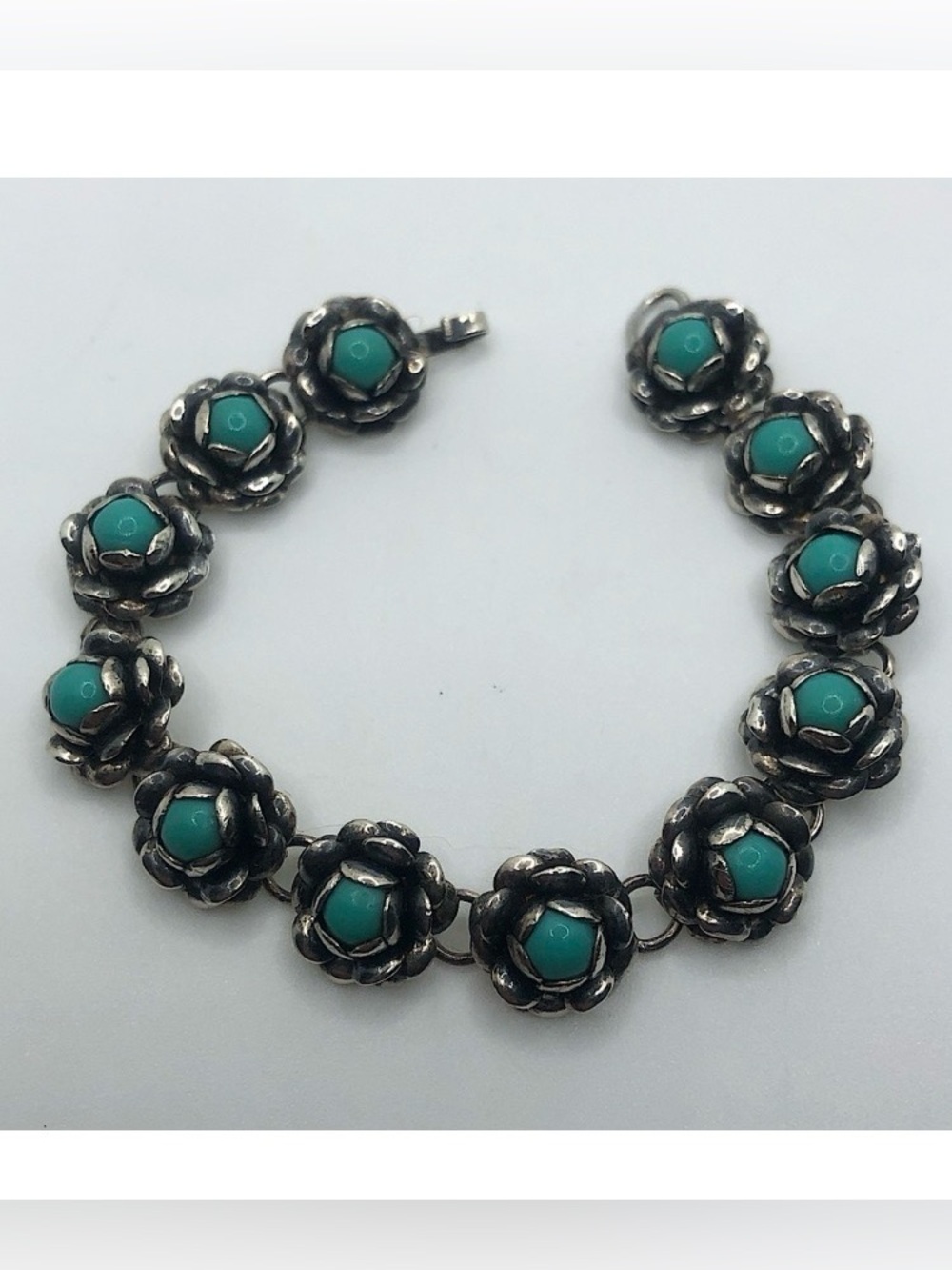 VTG Sterling Turquoise Cabochon Floral Sculpted Flower Link Bracelet 6”
